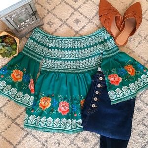 Off the Shoulder Smocked Bell Sleeve Floral Top